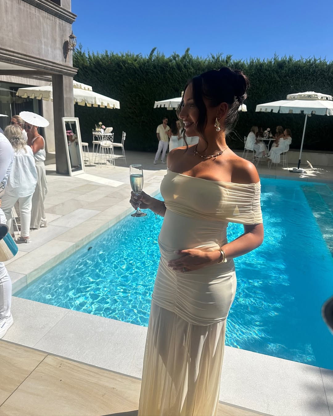 Maisie - Maternity Off-Shoulder Pleated Mesh Maxi Dress Olivia The Label