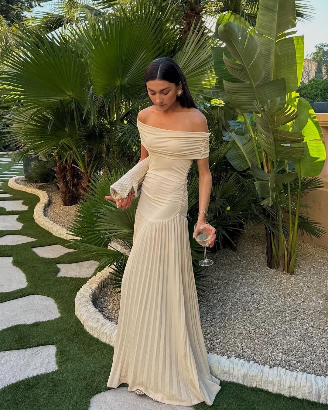 Norah - Off Shoulder Pleated Maxi Dress Olivia The Label Beige XS