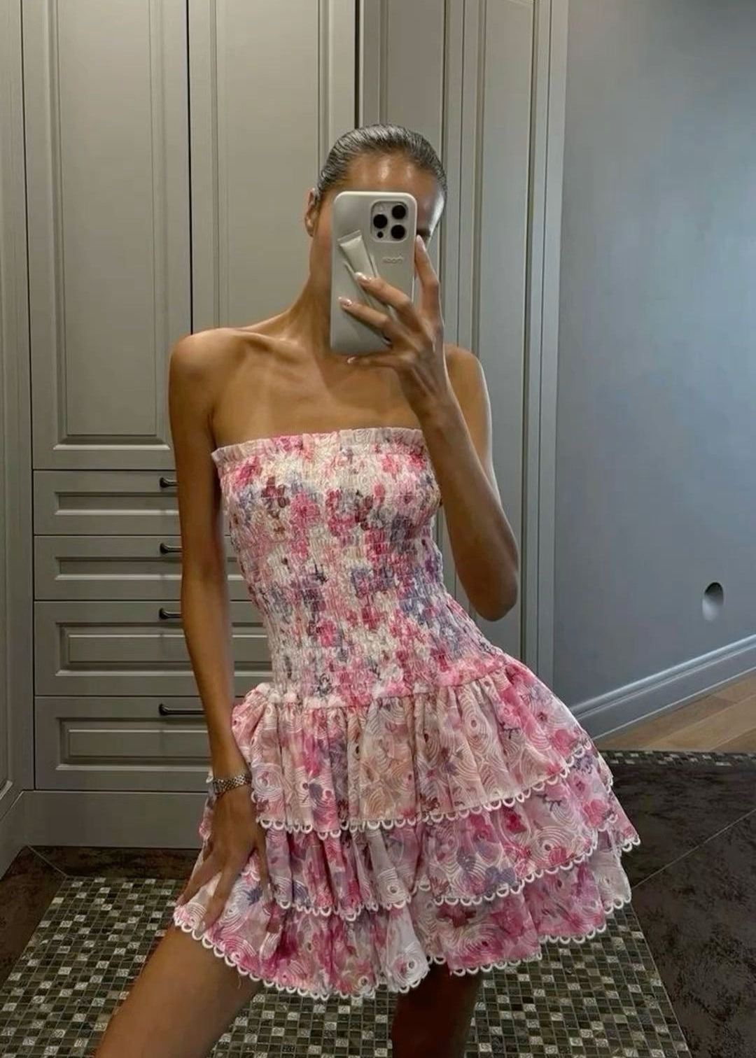 Amelie - Strapless Floral Mini Dress Olivia The Label Pink XS