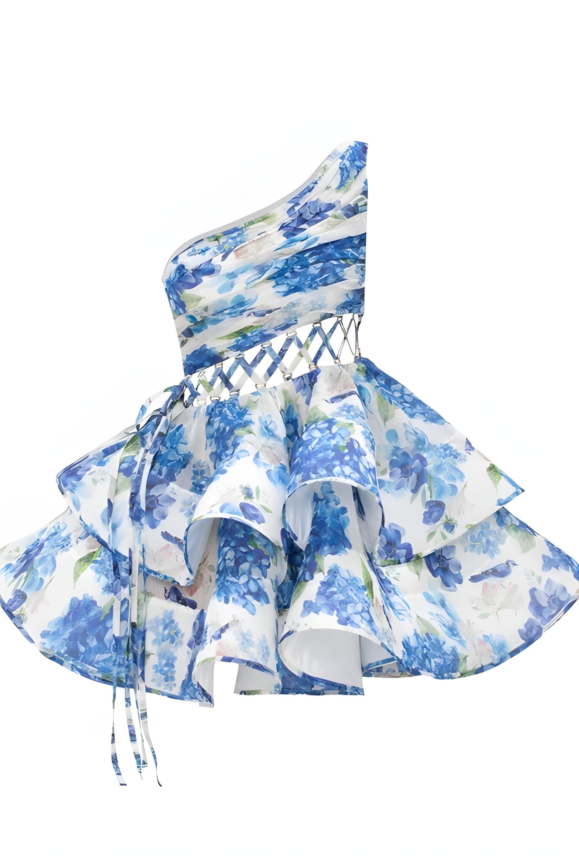 Daphne - Floral One Shoulder Mini Dress Olivia The Label Blue XS