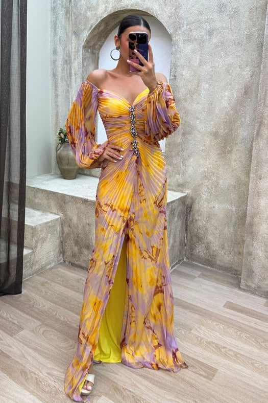 Millie - Elegant V-Neck Maxi Dress Olivia The Label Yellow XS