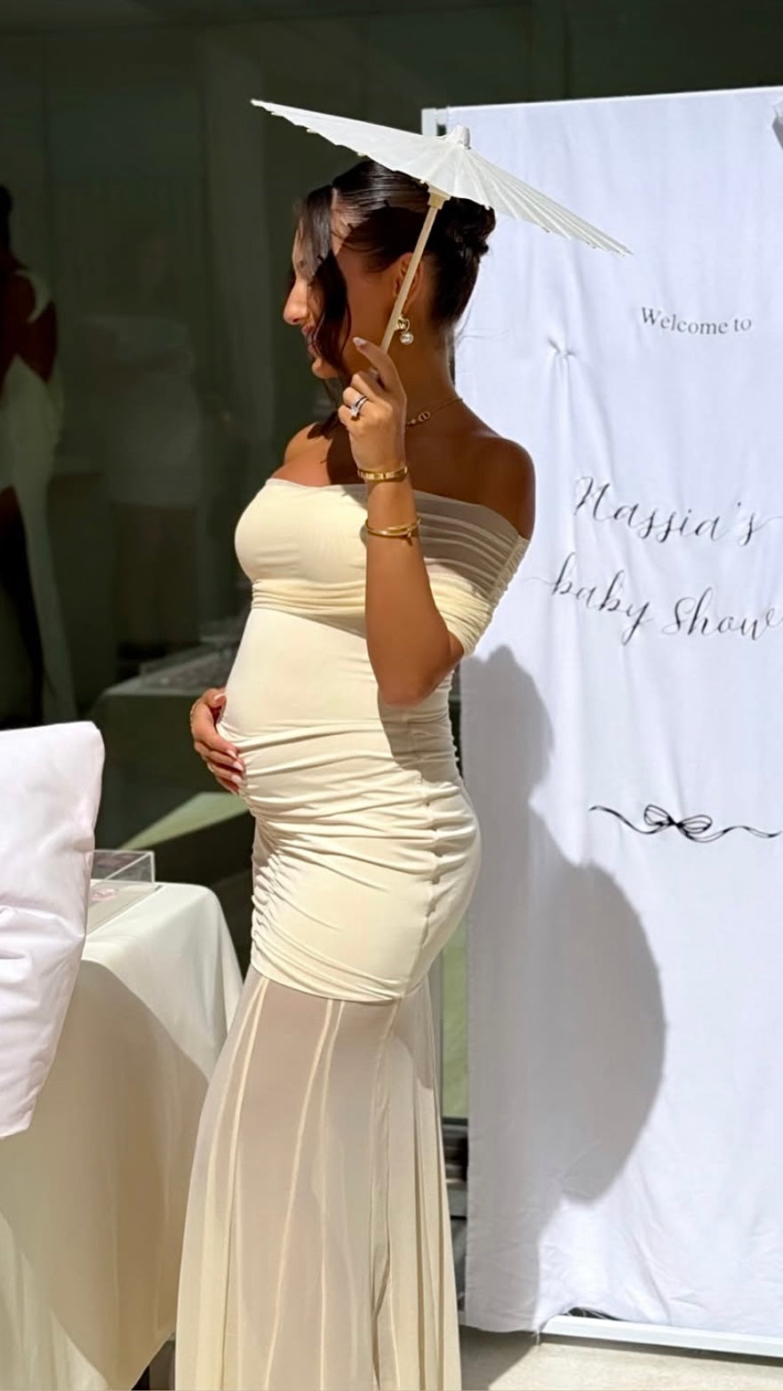 Maisie - Maternity Off-Shoulder Pleated Mesh Maxi Dress Olivia The Label