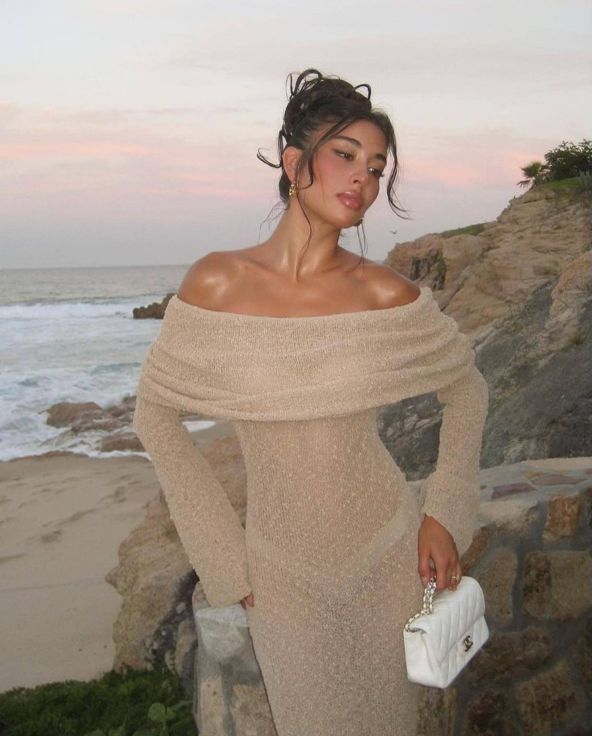 Nayara - Elegant Off Shoulder Maxi Dress Olivia The Label Beige XS