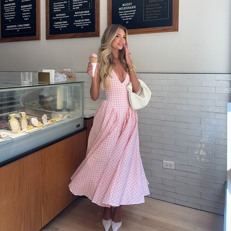 Celeste - Plaid Print Midi Dress Olivia The Label Pink XS