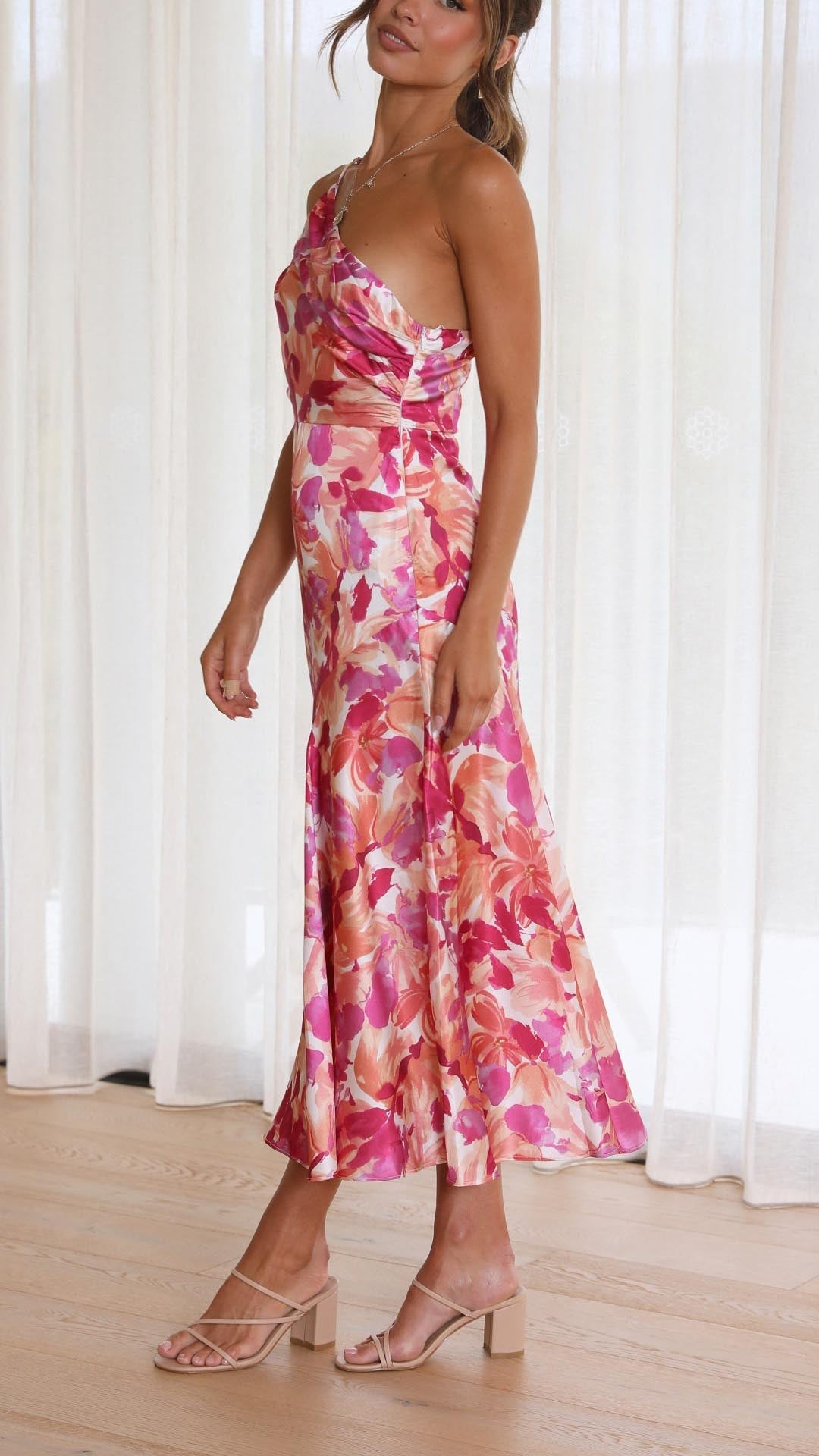 Florence - Floral One Shoulder Midi Dress Olivia The Label