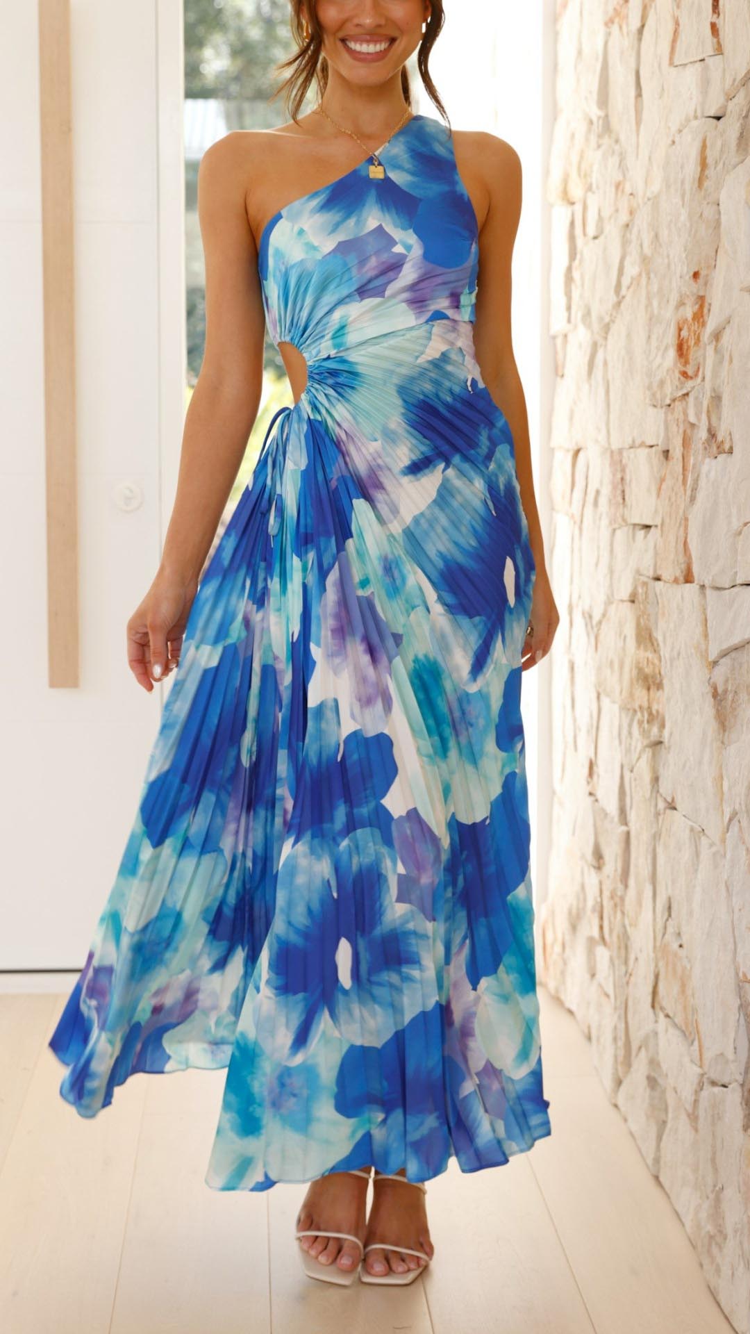 Remy - Floral Pleated One Shoulder Maxi Dress Olivia The Label