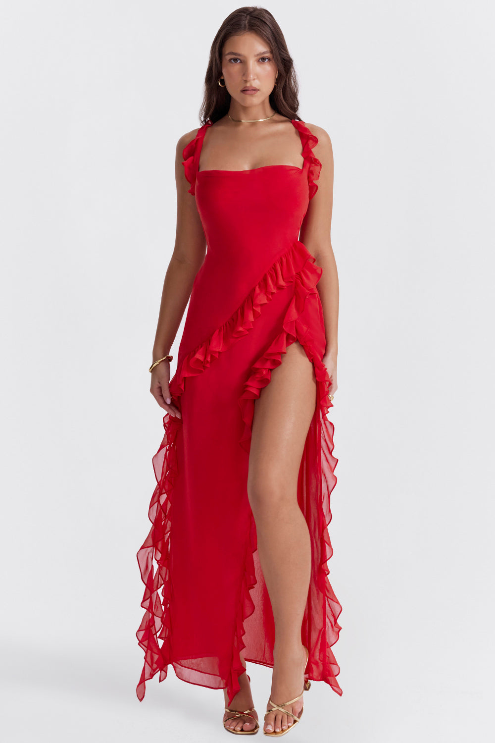 Billie - Stylish Ruffle Midi Dress Olivia The Label Red XS
