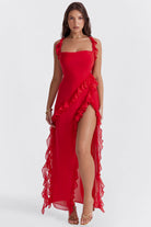 Billie - Stylish Ruffle Midi Dress Olivia The Label Red XS