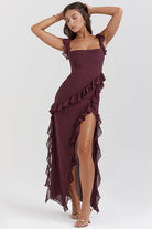 Billie - Stylish Ruffle Midi Dress Olivia The Label Brown XS