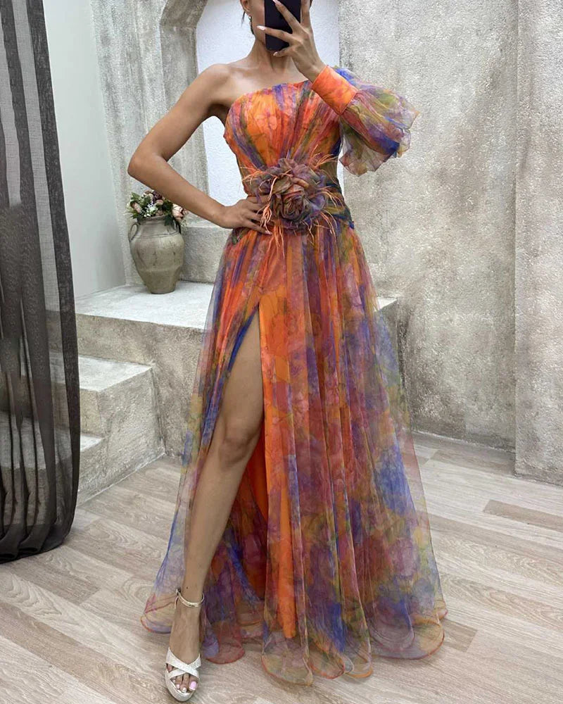 Ayla - Elegant Split Midi Dress Olivia The Label Orange XS