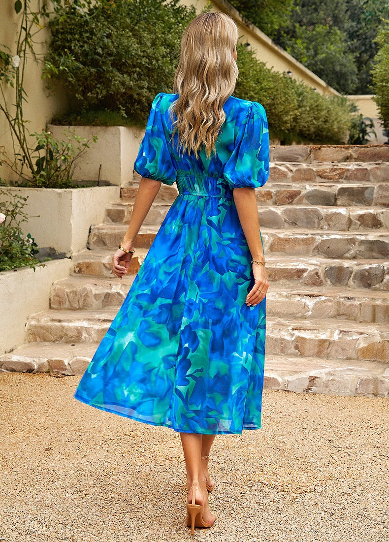 Clementine - V-Neck Printed Midi Dress Olivia The Label