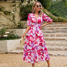 Clementine - V-Neck Printed Midi Dress Olivia The Label Pink XS