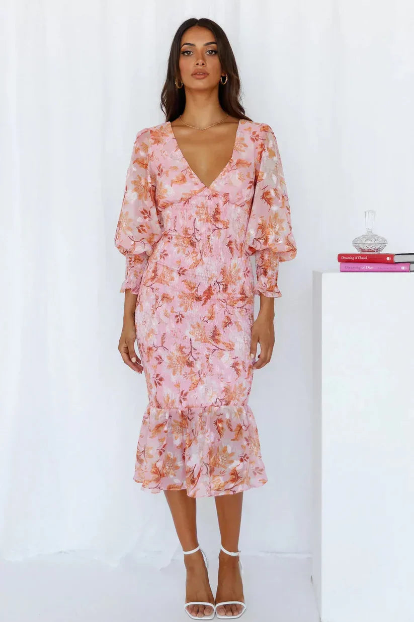 Emily - Stunning Flower Midi Dress Olivia The Label Pink XS