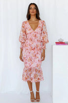 Emily - Stunning Flower Midi Dress Olivia The Label Pink XS