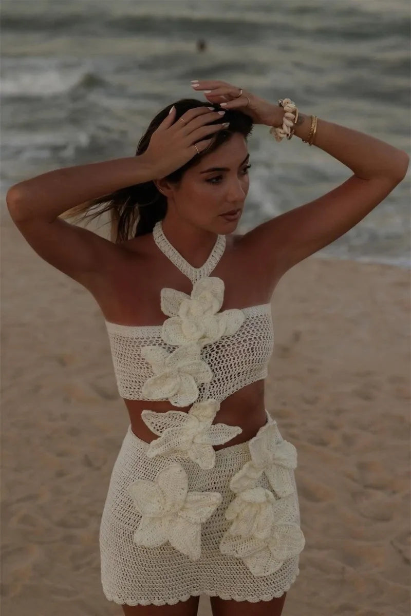 Sami - Halter Knit Floral Mini Dress Olivia The Label White XS
